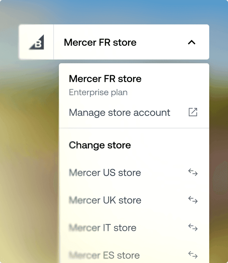 Multi-store selector dropdown menu showing Mercer FR store and options to switch international stores.