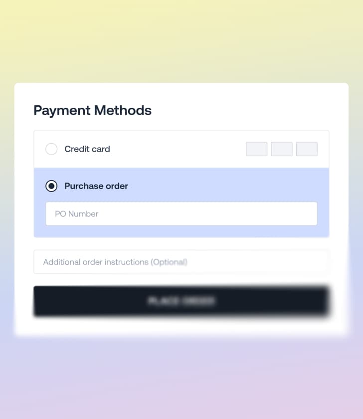 Payment methods selection screen showing credit card and purchase order input field.