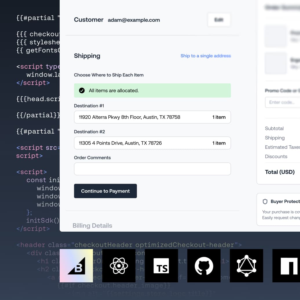 E-commerce checkout interface displaying multi-destination shipping address details and code background.