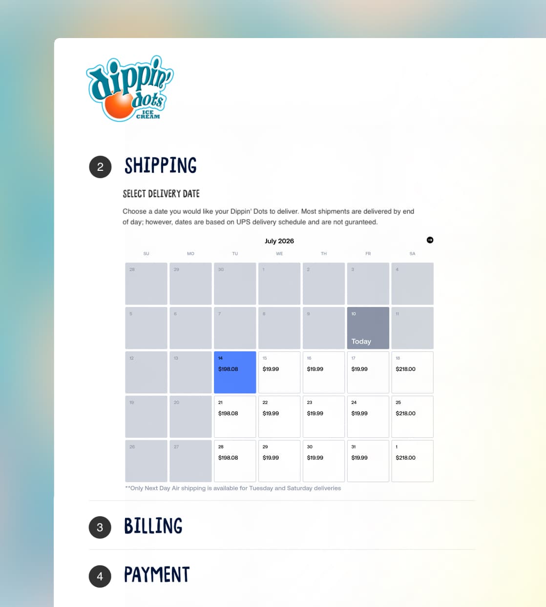 Dippin' Dots online checkout screen showing shipping calendar for selecting delivery date in July.