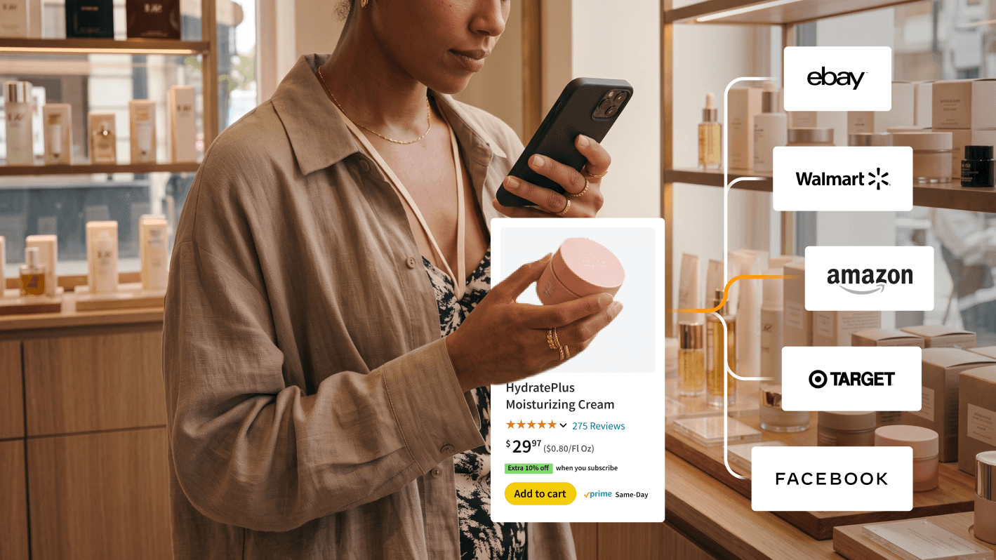 Woman in a retail store using her smartphone to check online listings for a moisturizing cream product.