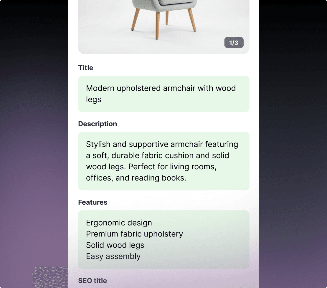 High-quality product detail card for a modern upholstered armchair with rich titles and feature lists.