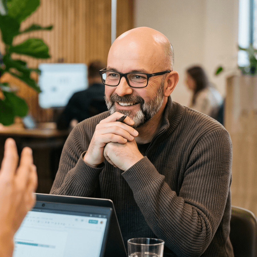 Smiling man with glasses and a beard leaning forward in a modern office discussion with a colleague.