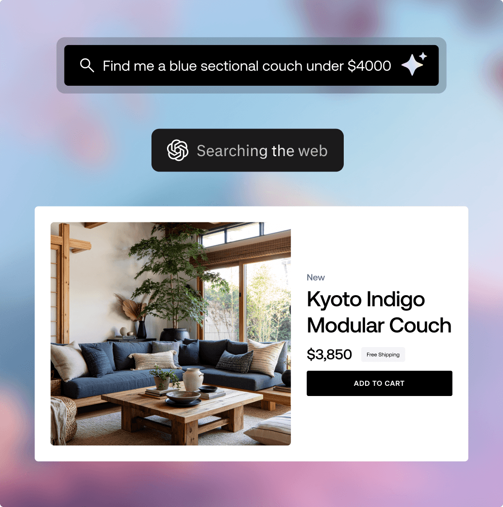 ChatGPT conversational search UI displaying Kyoto Indigo Modular Couch for $3,850.