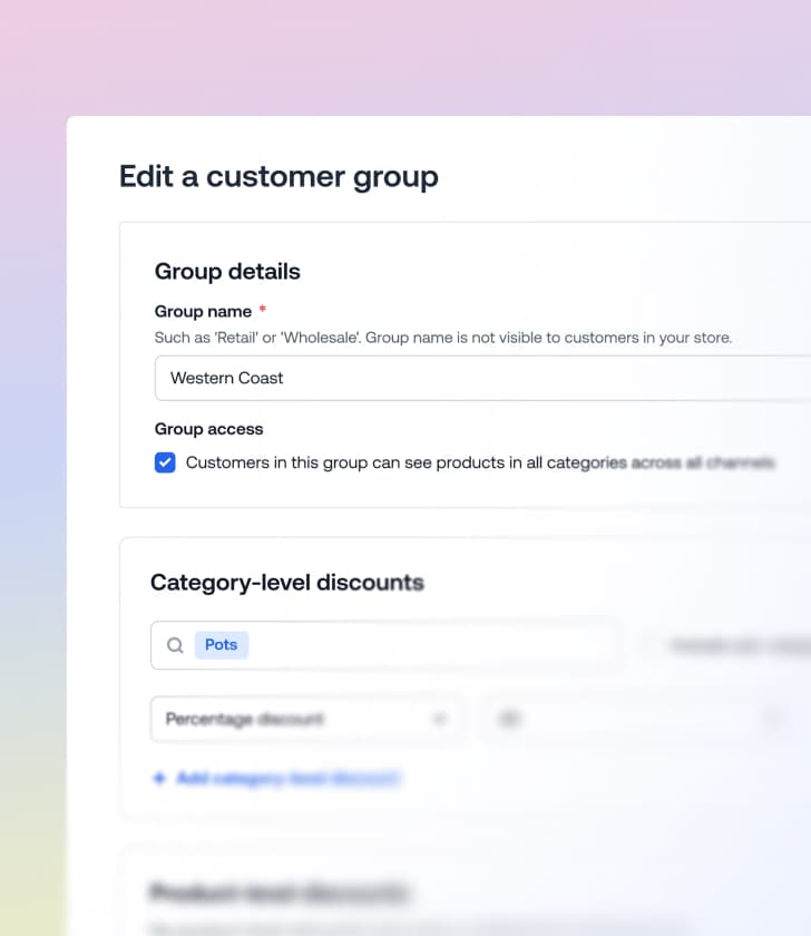 Customer group edit menu showing Western Coast group details and category-level discounts setting.