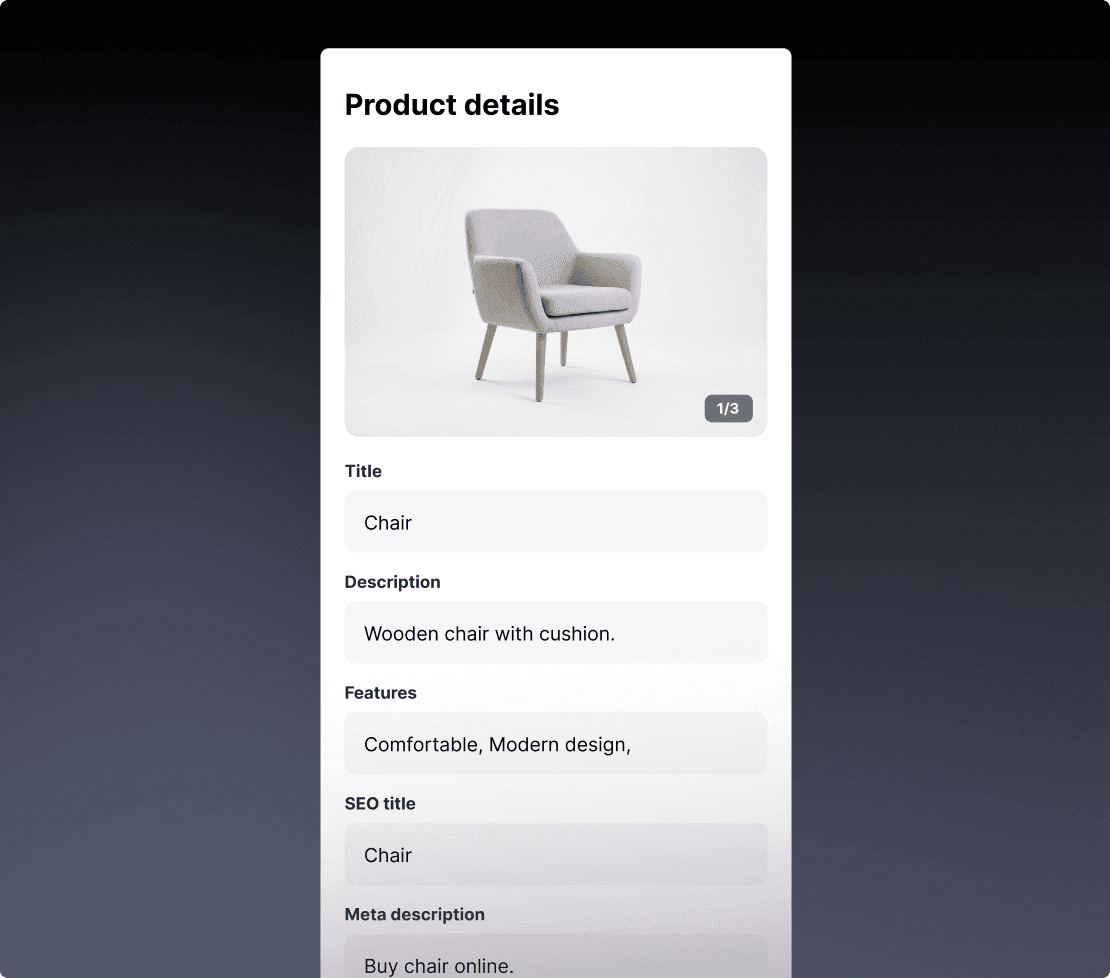 Basic product detail card showing incomplete attributes and minimal description for a wooden chair.