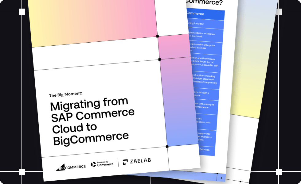 White document titled "Migrating from SAP Commerce Cloud to BigCommerce" with colorful yellow, pink, and blue gradient overlays.