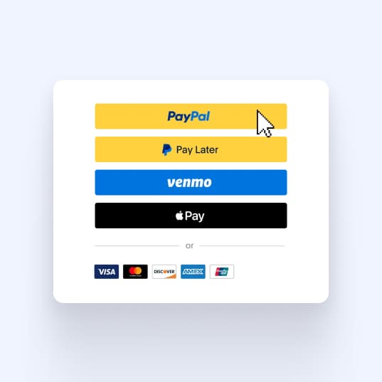 Checkout UI featuring PayPal, Venmo, and Apple Pay buttons with a cursor hovering over the PayPal option.