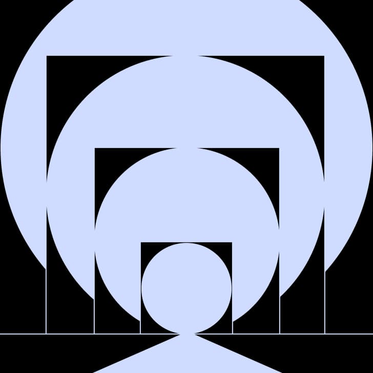 Abstract isometric 3D purple cube graphic floating within a black grid line structure.