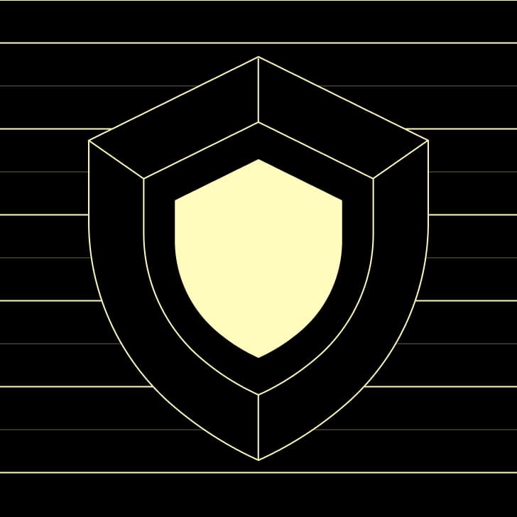 Isometric light yellow security shield icon on a dark background with horizontal grid lines.