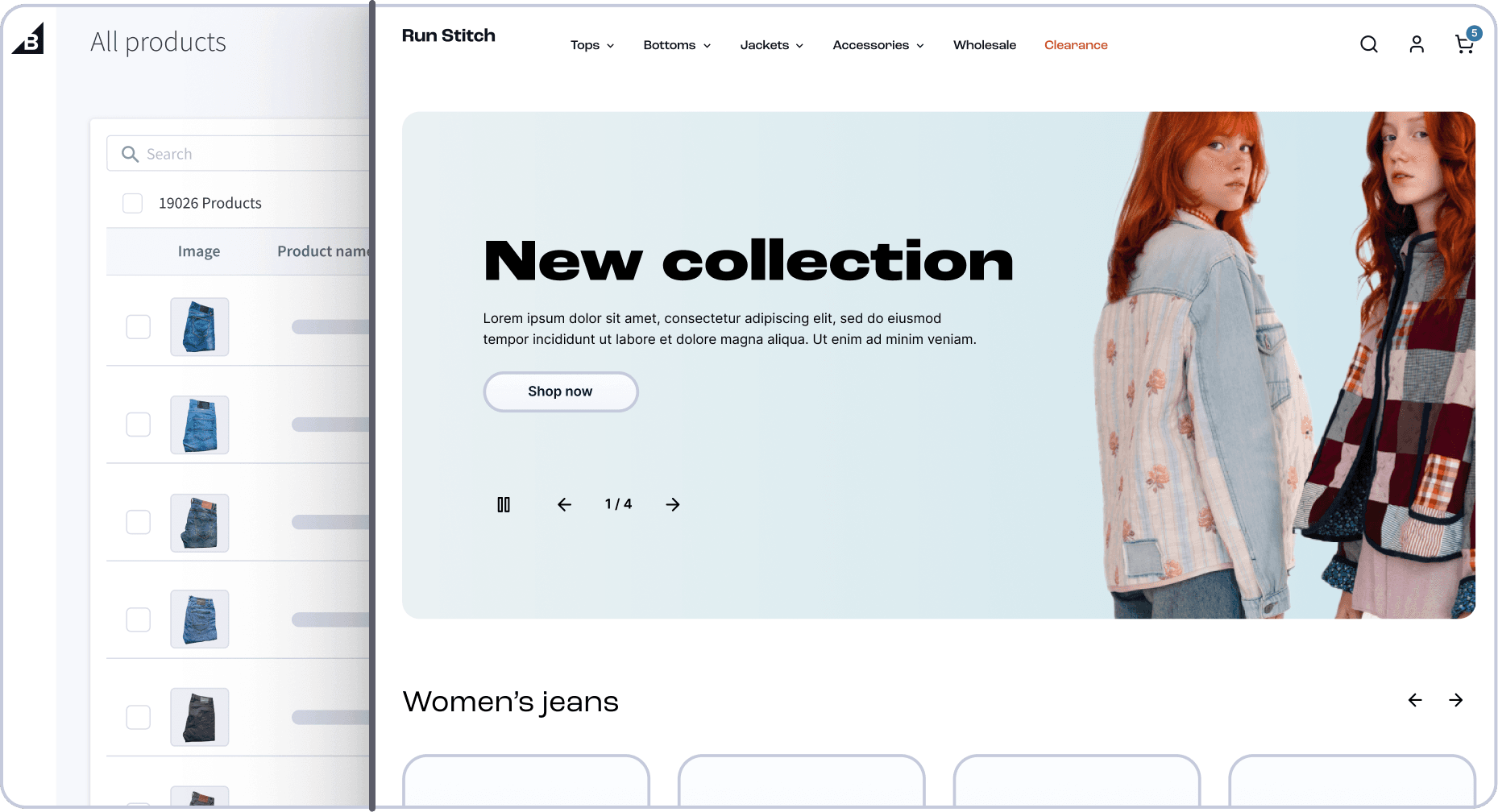 Screenshot of a BigCommerce product management page on the left and an e-commerce store page with a 'New Collection' banner featuring two models on the right.