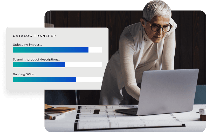hip person with glasses leaning over a desk working on a laptop with a graph showing catalog transfer progress bars